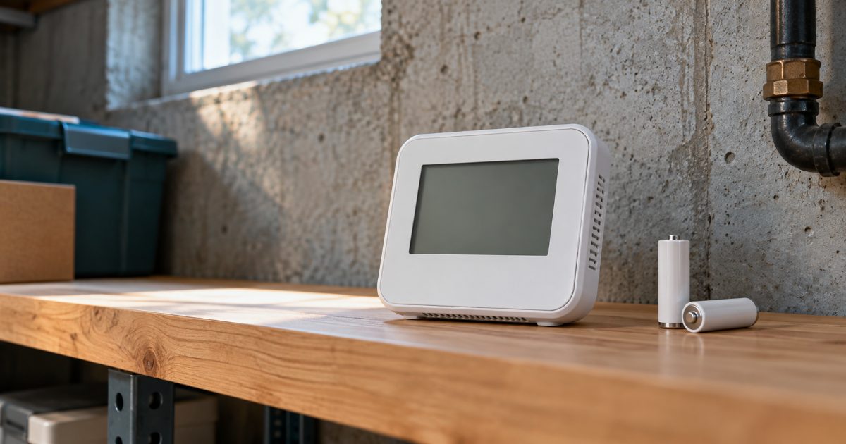 A small white digital radon monitor standing on a wooden shelf against an unfinished concrete basement wall, with two AA batteries beside it