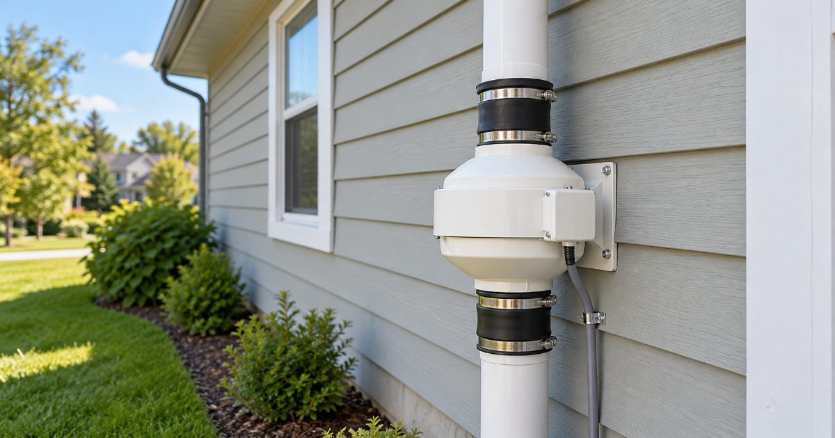 A white inline radon mitigation fan mounted on a vertical white PVC vent pipe with rubber couplings against the grey siding of a house