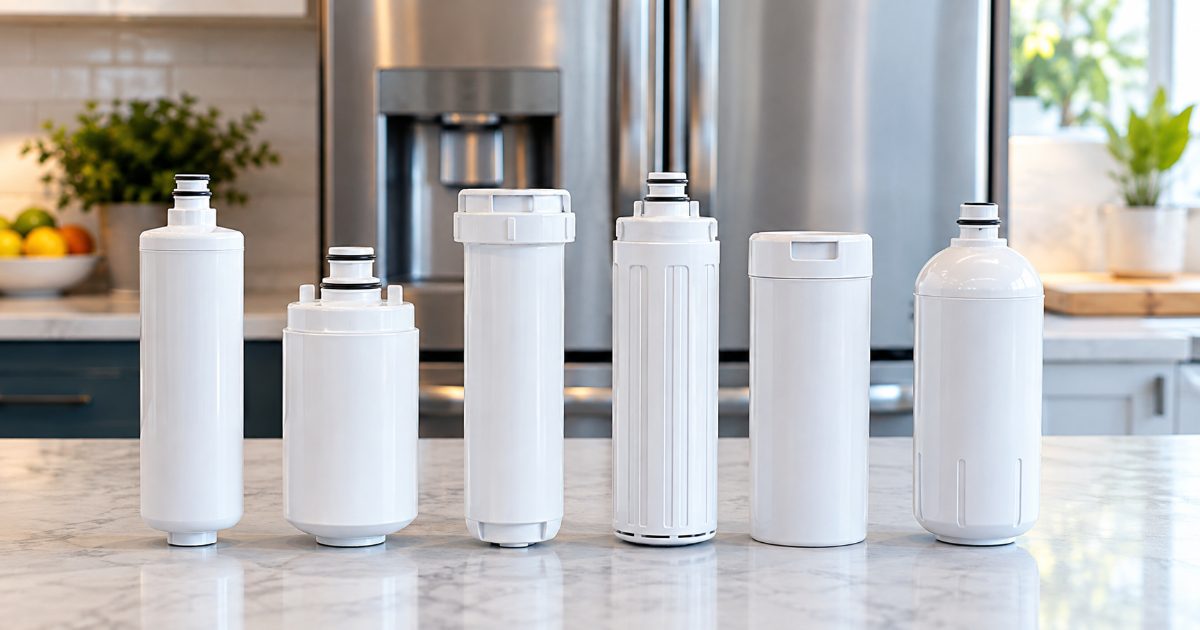 Six unlabelled white refrigerator water filter cartridges of different shapes lined up on a marble counter in front of a stainless French-door refrigerator