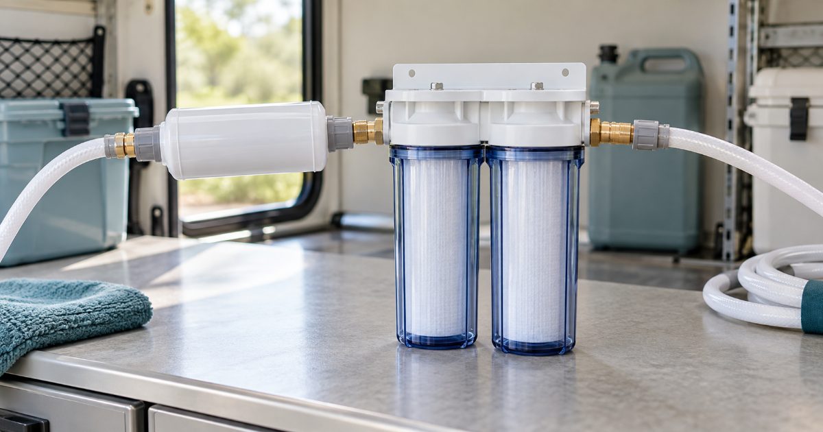 An inline hose water filter and a two-canister filter housing laid out on a bright utility room counter next to a coiled white drinking-water hose, no brand names visible.