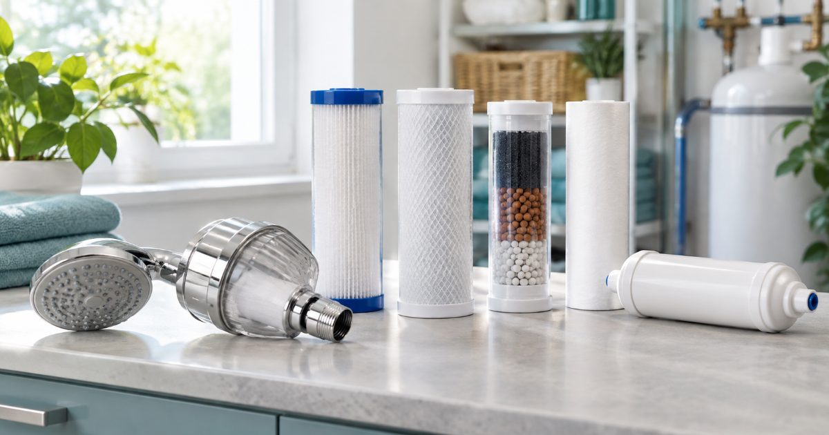Inline shower filter housings and a filtered shower head laid out on a bright utility room counter beside a spare cartridge, with no brand names visible.