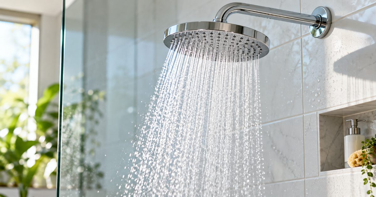 A round chrome shower head on a wall arm spraying fine, tightly focused streams of water in a white tiled shower