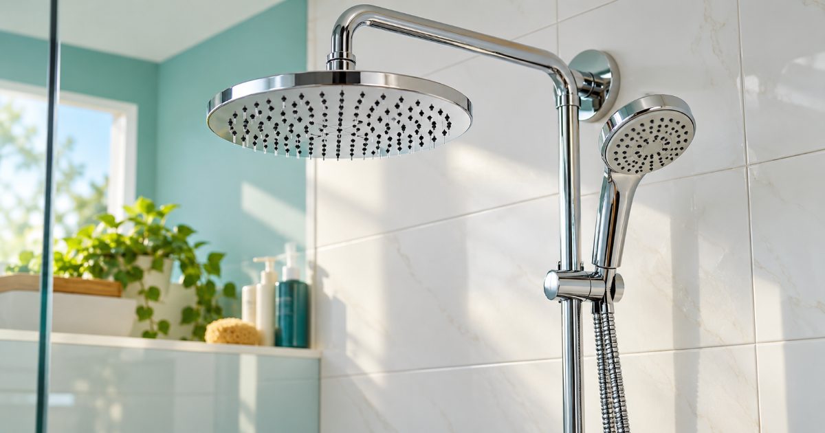 A chrome rain shower head and a handheld shower on a slide bar against white tile, with a metal hose hanging below