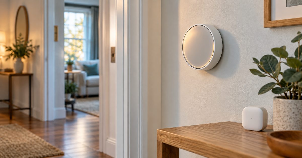 A round smart thermostat on a pale hallway wall beside a doorway, with a small white wireless room sensor on a wooden table below it