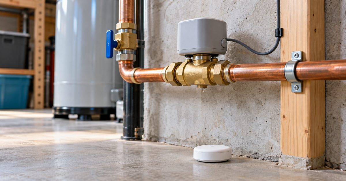 A brass in-line smart shutoff valve with a grey motor head on a copper main water line in a basement, a round white leak sensor on the floor below