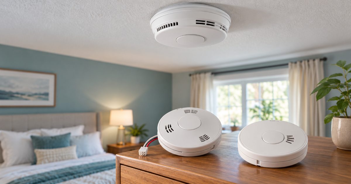 A round white smoke alarm on a bedroom ceiling above a wooden dresser holding two more alarms, one hardwired with its wire harness and plug, one battery model