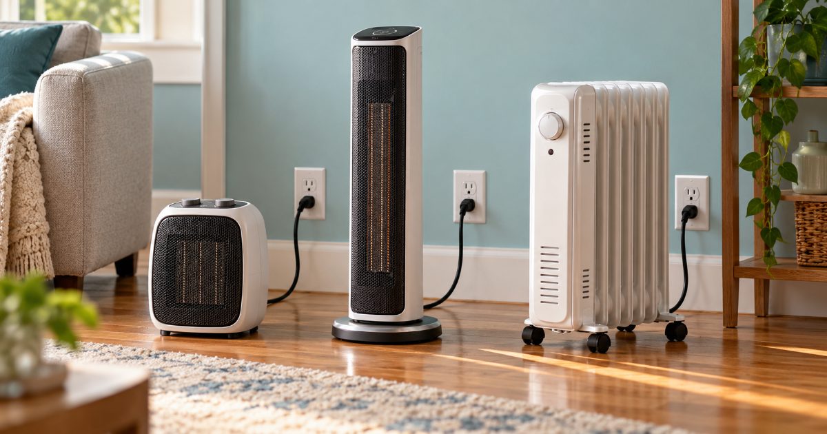 A compact ceramic space heater, a black ceramic tower heater and a white oil-filled radiator heater standing on a hardwood living-room floor, each cord plugged into a wall outlet