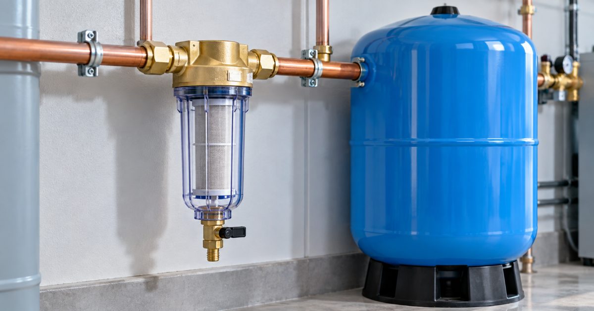 A clear-bowl spin-down sediment prefilter with a brass head and a flush valve mounted on a copper water line in a bright utility room, next to a blue pressure tank.
