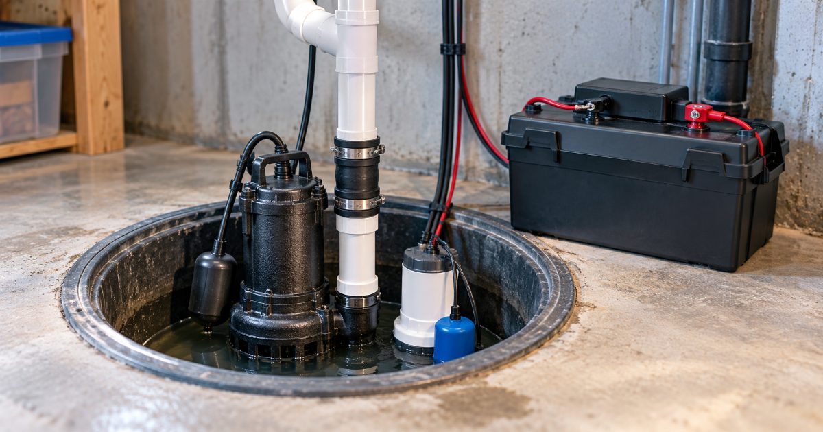A cast iron submersible sump pump and a smaller 12 volt backup pump in a basement sump basin, with a deep-cycle battery in a black case on the floor beside the pit and PVC discharge pipe rising from it