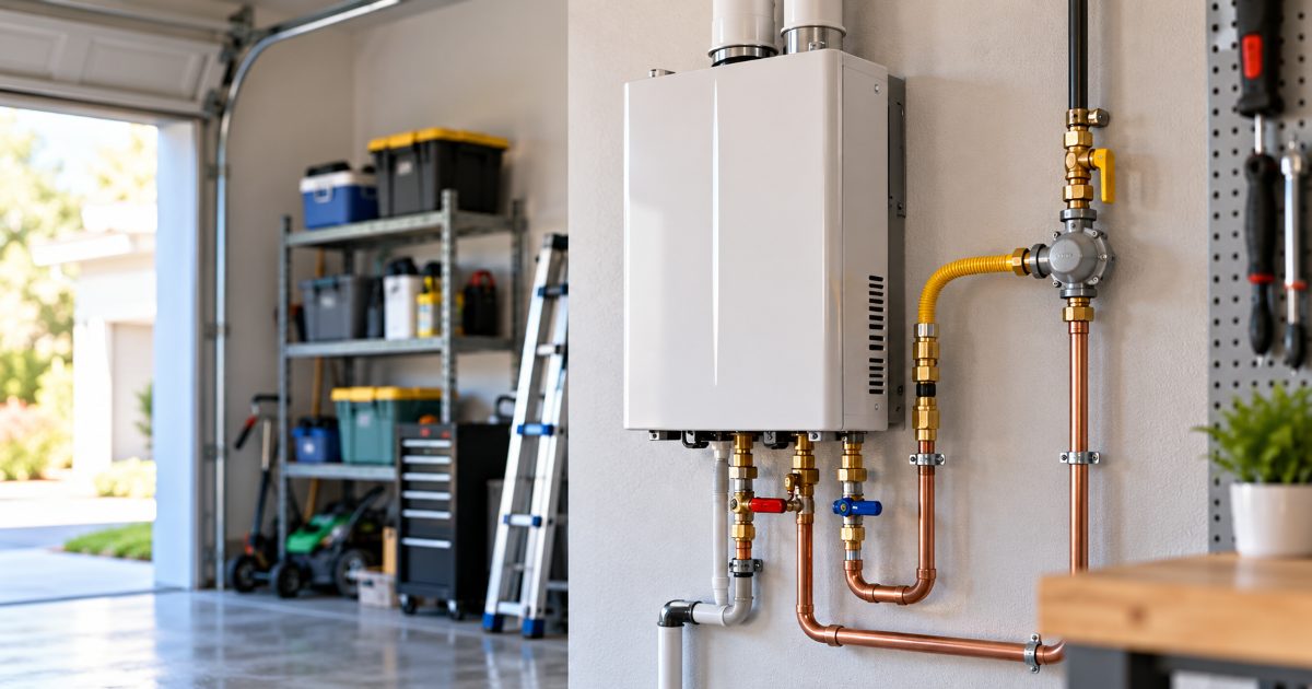 A white wall-mounted gas tankless water heater in a garage with a yellow flexible gas connector, copper hot and cold lines with isolation valves and a white condensate line