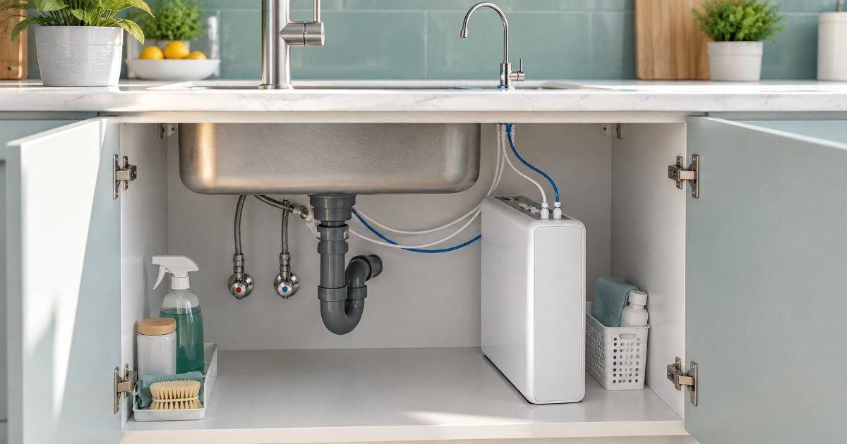 A slim tankless reverse osmosis unit with its faucet and drain line installed inside a bright kitchen sink cabinet, no brand visible