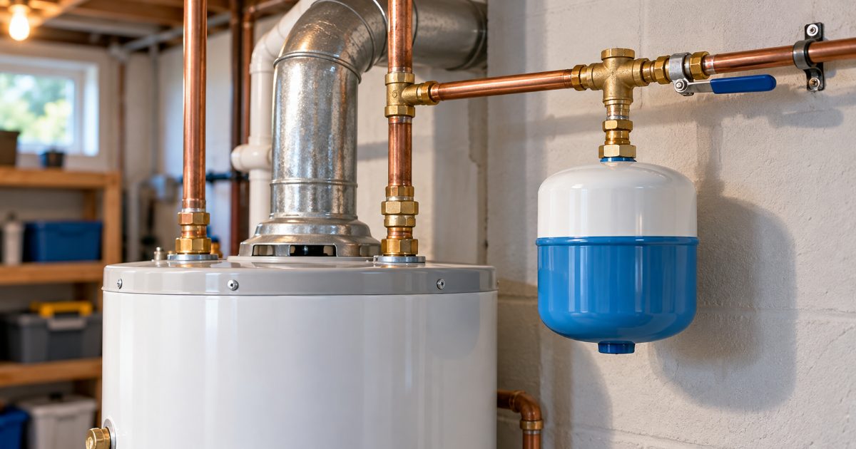 A small blue and white thermal expansion tank hanging from a copper cold water line beside the top of a white tank water heater in a basement