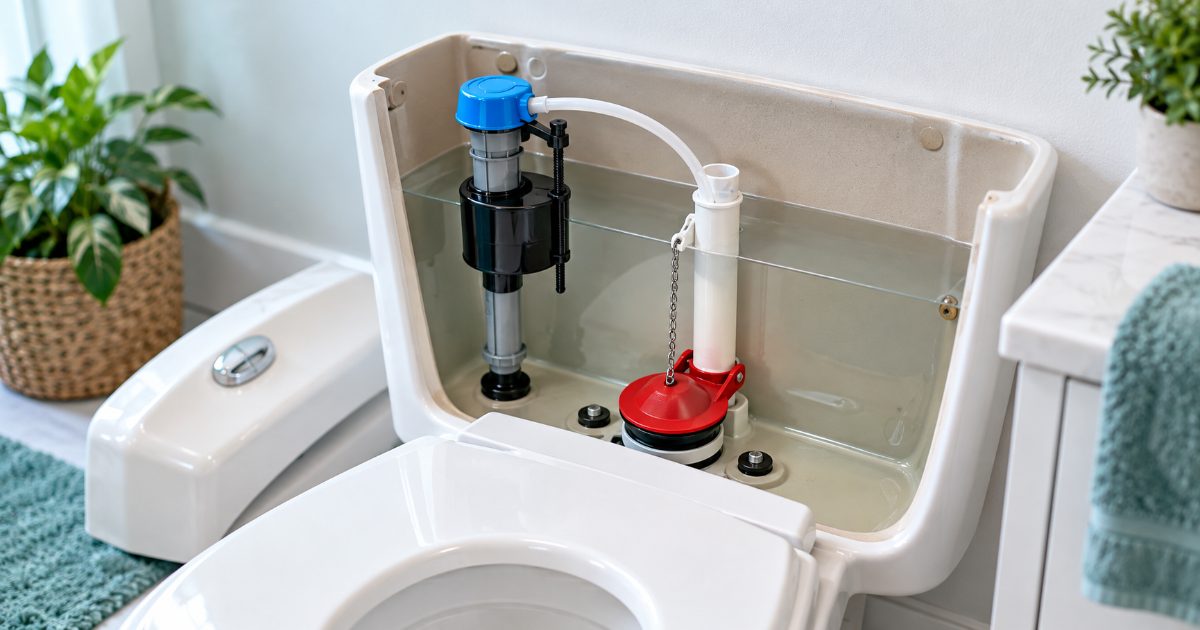 An open toilet tank with the lid set aside, showing a new adjustable fill valve and a red flapper on the flush valve
