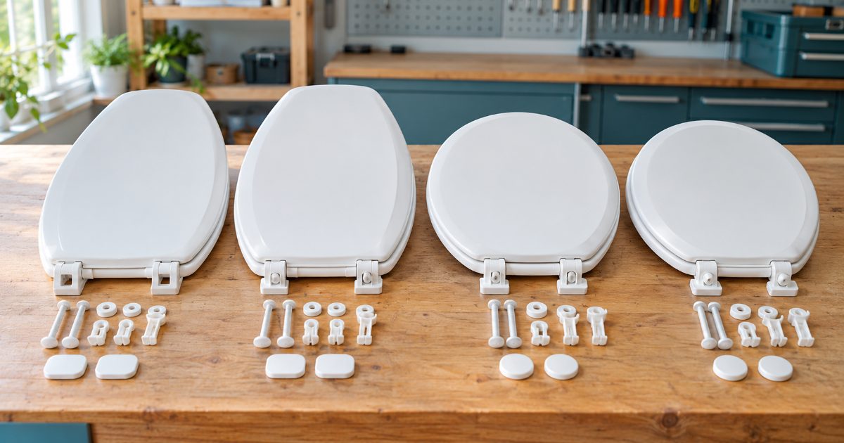 Four white toilet seats laid side by side on a workbench, two elongated and two round, with their plastic hinges, bolts and top-mount anchors set out in front of them