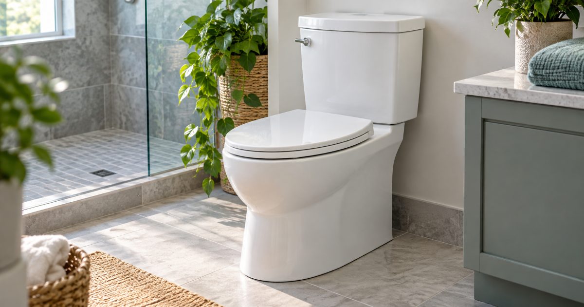 A white elongated two-piece toilet with a skirted base in a bright bathroom with grey tile, a glass shower and a vanity