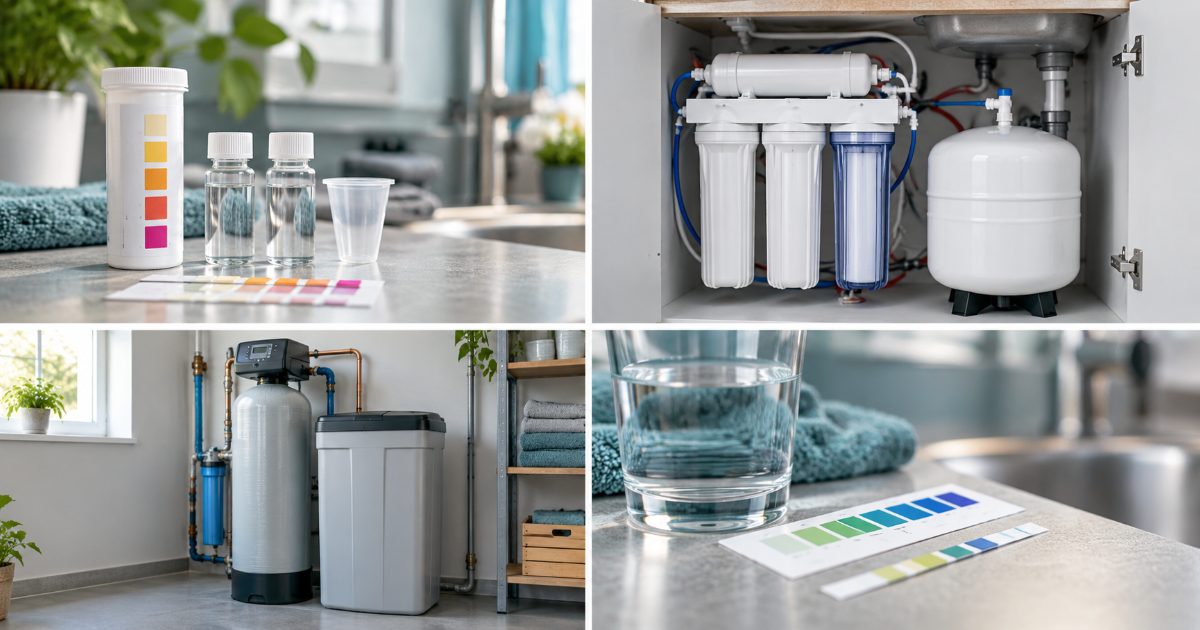 Under-sink water treatment systems and a water softener tank displayed in a bright kitchen cabinet, with water quality test strips showing color-coded results.