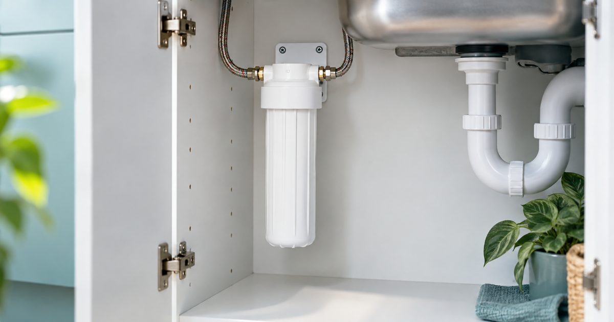 A compact under-sink carbon water filter cartridge mounted inside a bright, tidy kitchen cabinet, with a braided supply line and a small chrome drinking faucet above, no brand names visible.