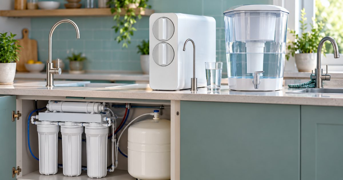 An under-sink reverse osmosis system with a storage tank, a countertop reverse osmosis unit and a gravity filter pitcher lined up on a kitchen counter in a bright kitchen, with a glass of water beside them.