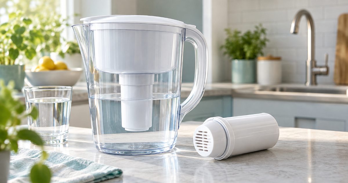 A glass water filter pitcher and several replacement cartridges lined up on a bright kitchen counter next to a filled drinking glass, no brands visible.