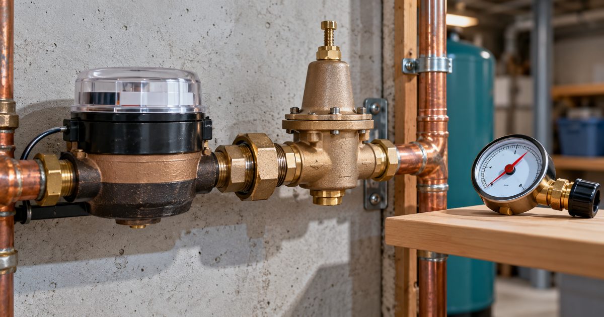 A bronze water pressure reducing valve with a union inlet on a copper water main beside the water meter, with a hose-bib test gauge with a red max pointer on a shelf next to it