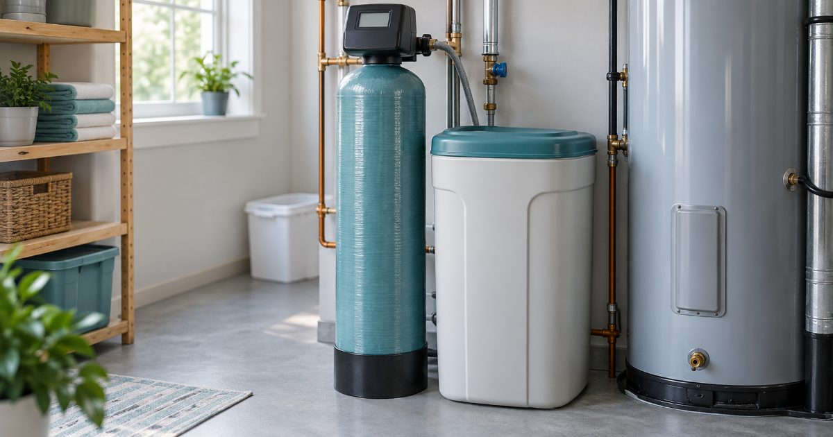 Salt-based water softener with a brine tank beside a water heater in a bright, clean utility room