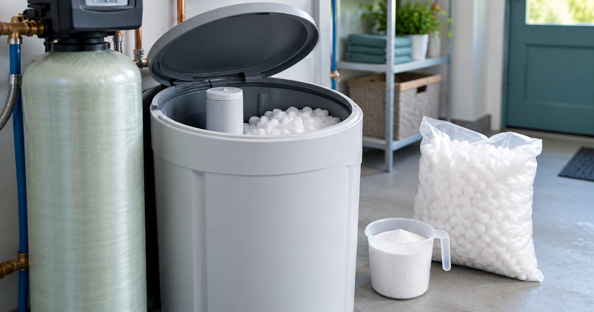 A water softener with its brine tank lid open in a bright utility room, a measuring cup of cleaner powder and a bag of salt pellets beside it, no brands visible.