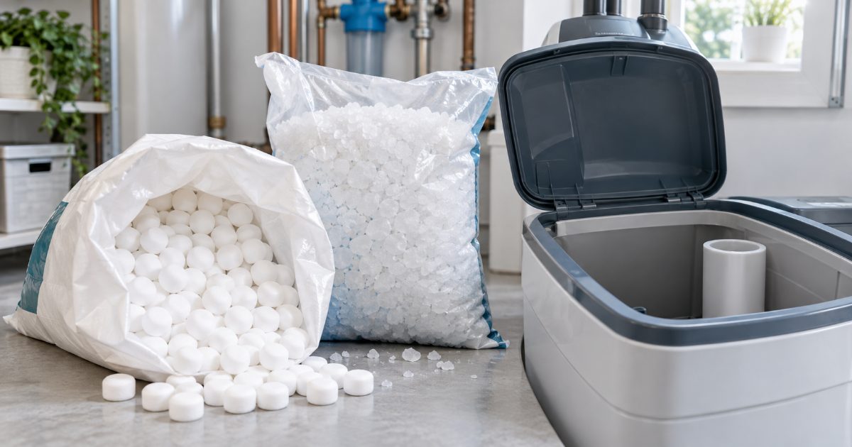 Bags of water softener salt pellets and crystals stacked beside an open brine tank in a bright utility room, with a scoop resting on the tank lid.