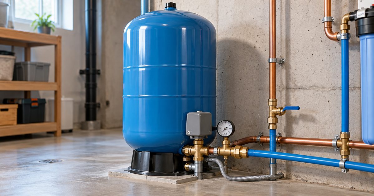 A blue vertical well pressure tank on a basement floor, plumbed with a pressure switch, a round pressure gauge and copper and blue PEX pipes