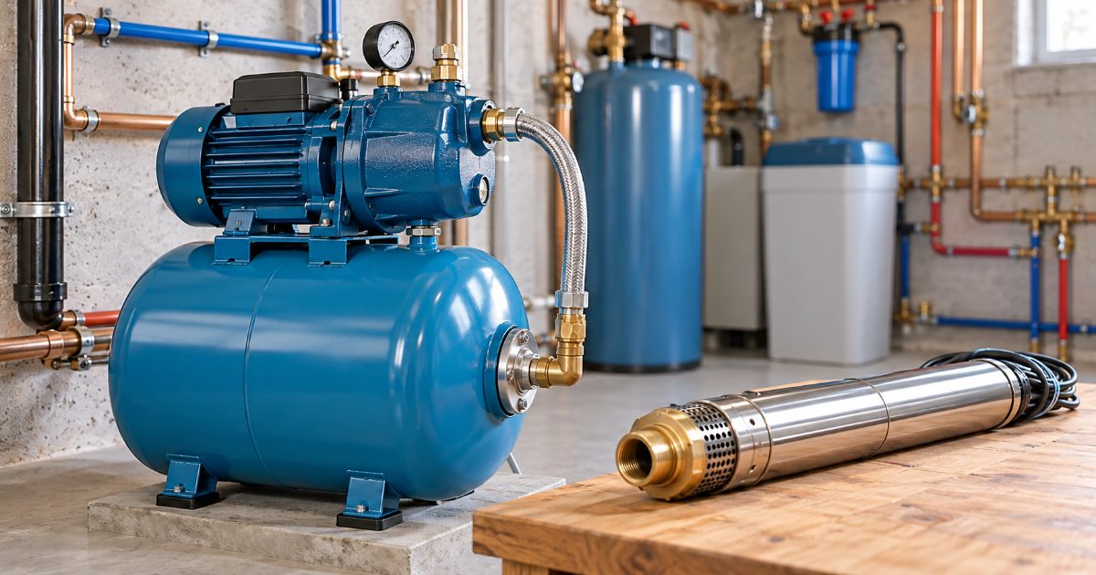 A blue cast-iron shallow-well jet pump mounted on a blue pressure tank, next to a slim stainless-steel four-inch submersible well pump on a wooden workbench in a basement utility room