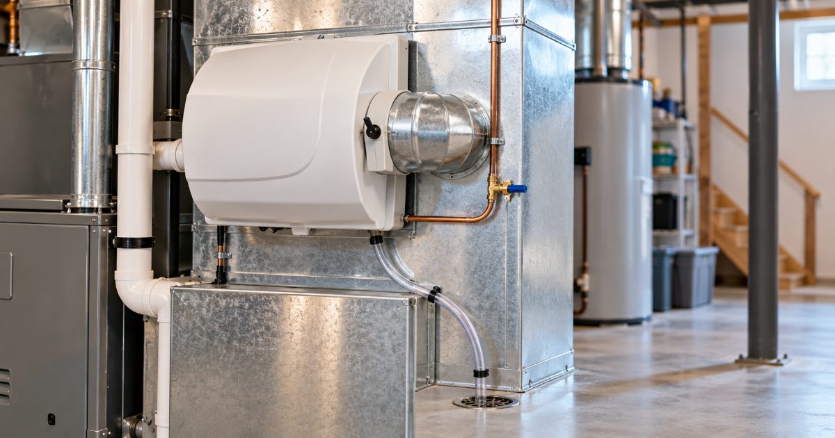 A white bypass whole-house humidifier mounted on the supply plenum of a gas furnace in a basement, with a bypass duct, a copper water line with a saddle valve and a clear drain tube running to a floor drain
