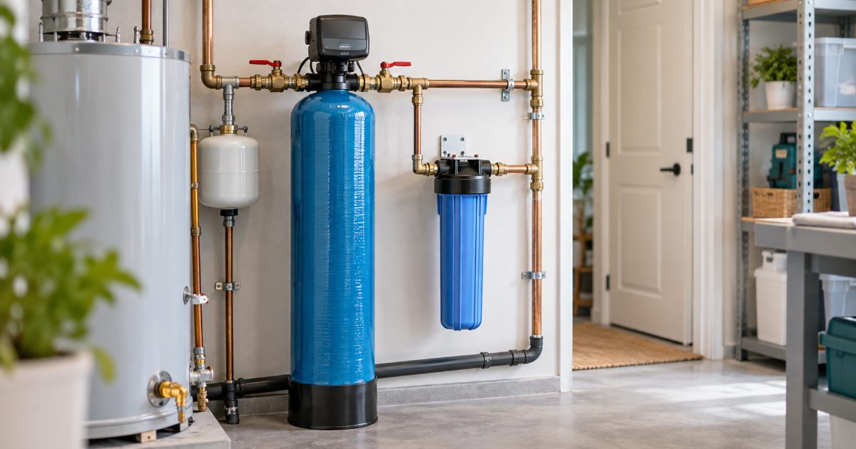 A tall whole-house water filter tank with a bypass valve, plumbed on the main line in a bright utility room next to a water heater, with a smaller cartridge housing beside it.