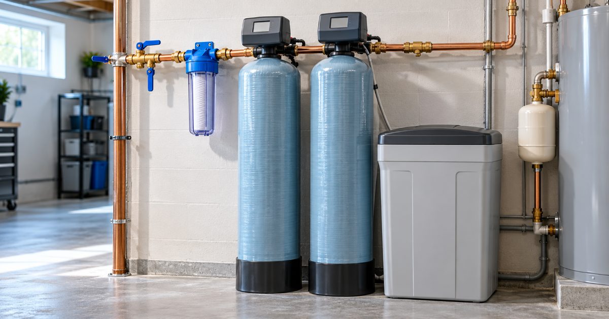 A clear sediment filter housing, two blue-grey treatment tanks and a grey brine tank plumbed in series on copper pipe along a basement utility wall