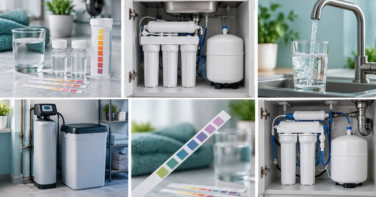 A collection of water treatment products and equipment in a bright utility room, including filter cartridges, test kits, housings, and a chrome faucet.
