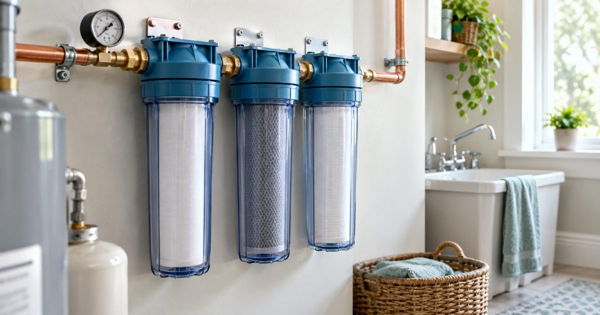 Three tall blue whole-house filter housings mounted in a row on a white utility room wall, copper pipe running in and out, a pressure gauge on the inlet and a bright window above a laundry sink