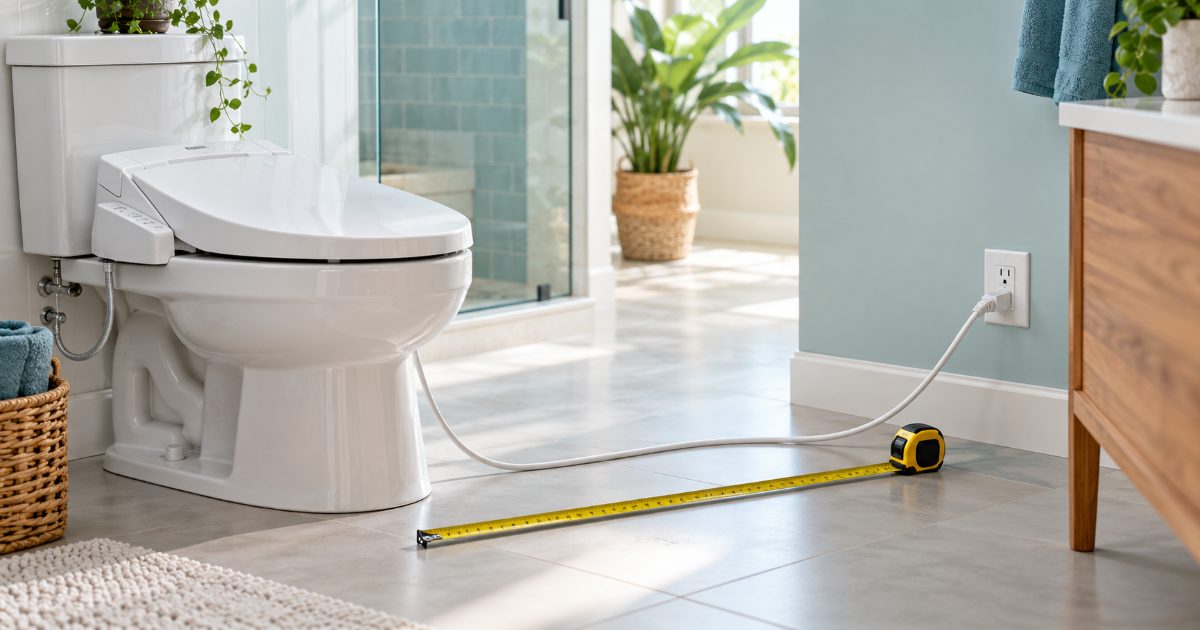 A white electric bidet seat sitting on an elongated toilet in a bright bathroom, its grounded three-prong power cord stretched toward a GFCI wall outlet a few feet away, a tape measure lying on the floor between them