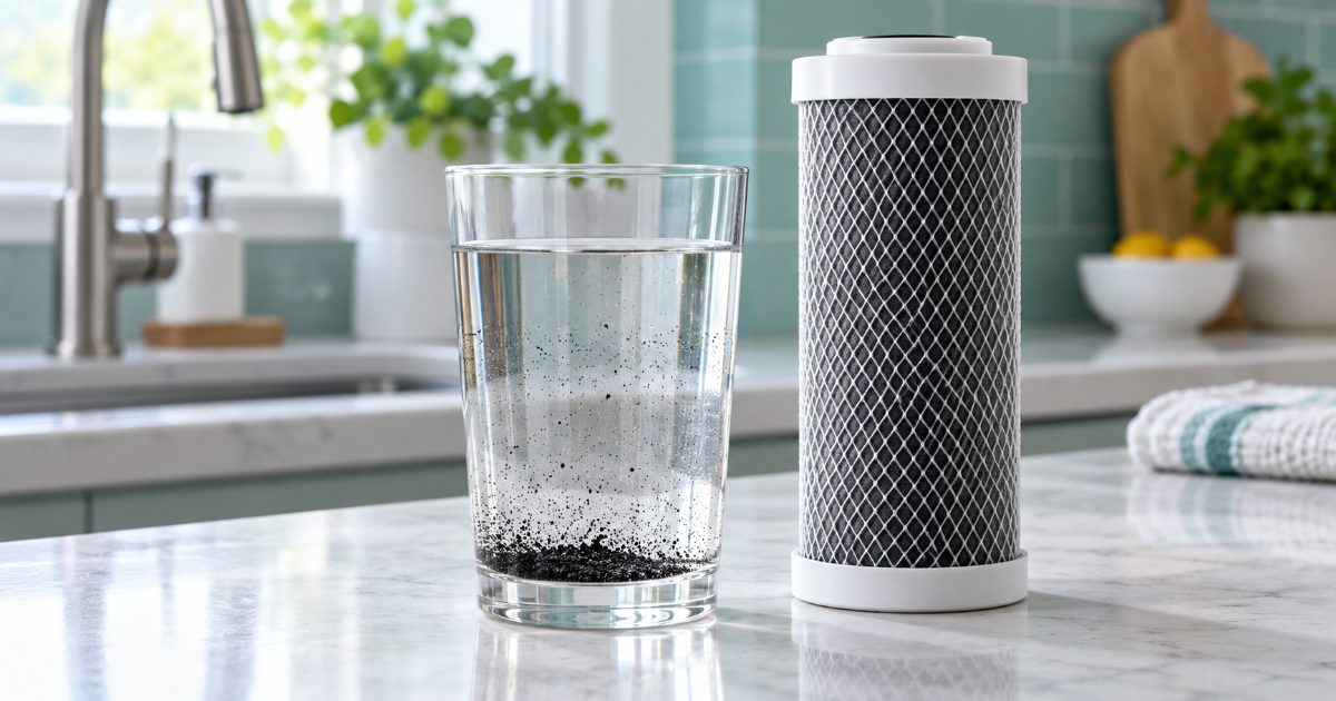 A clear glass of water with fine black particles settling at the bottom beside a new activated carbon filter cartridge on the counter of a bright kitchen