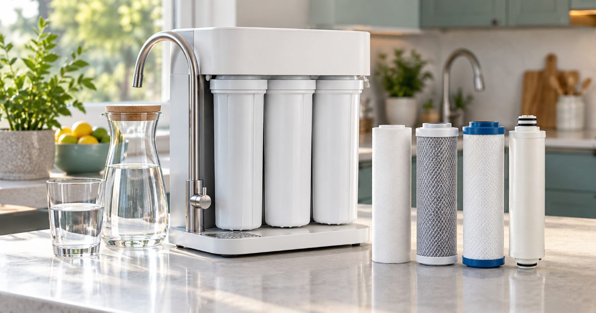 Countertop reverse osmosis unit with a glass carafe and four spare filter cartridges laid out on a bright kitchen counter