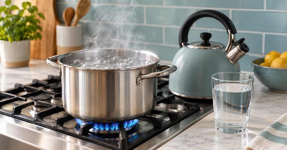 Stockpot of tap water at a rolling boil on a kitchen stove next to a kettle and a glass of water
