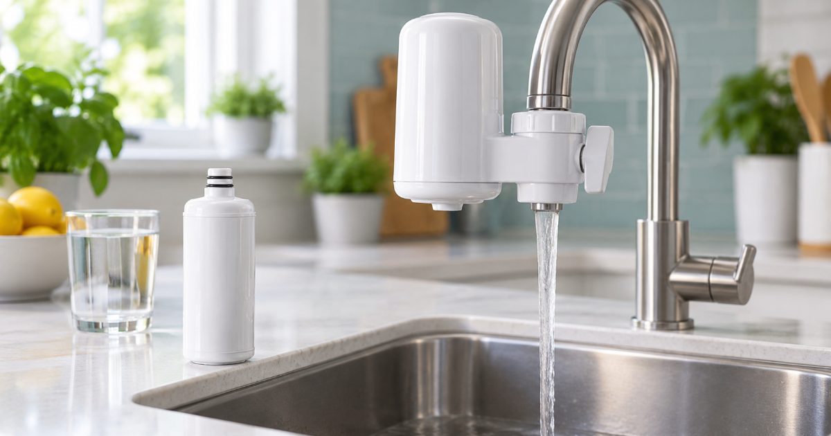 A white faucet-mount water filter clipped to a kitchen tap over a stainless sink in a bright kitchen, with one spare replacement cartridge on the counter, no brands visible.