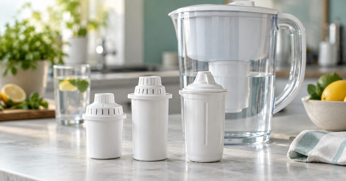Three white pitcher filter cartridges lined up beside a clear water filter pitcher on a bright kitchen counter