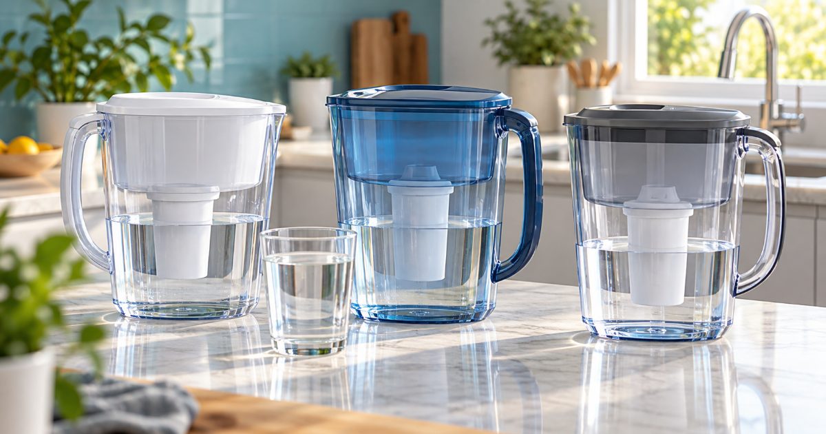 Three water filter pitchers with white filter cartridges side by side on a marble kitchen counter, with a glass of water in front