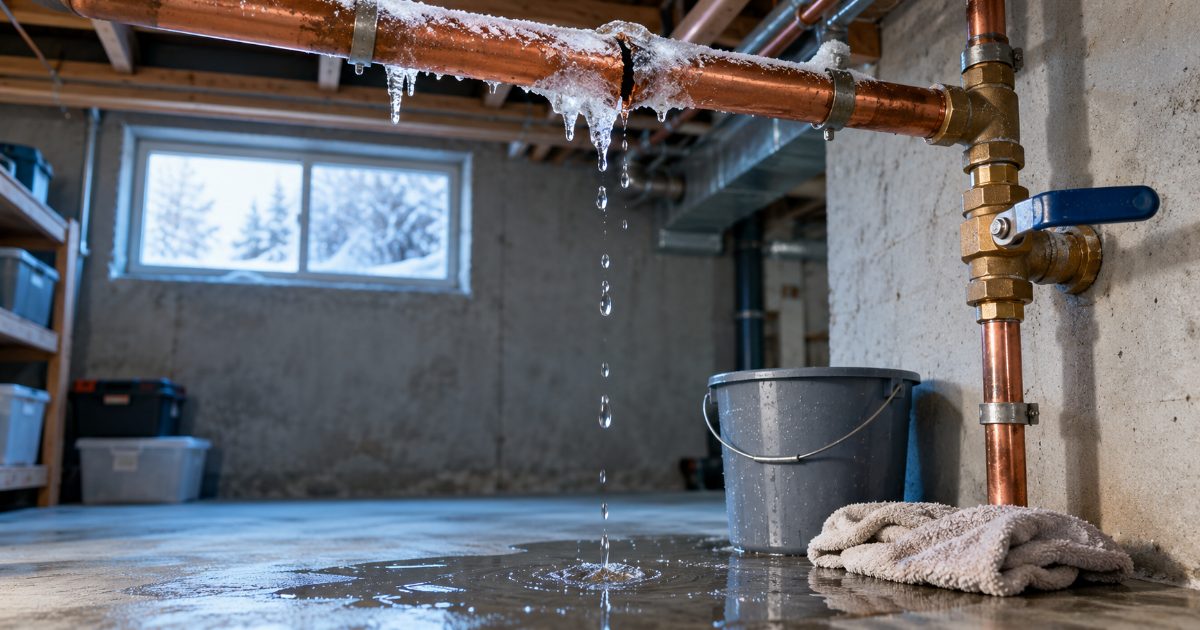A split, frost-covered copper pipe dripping water onto a basement floor puddle, with a lever-handle shutoff valve on the wall and a bucket and towel nearby