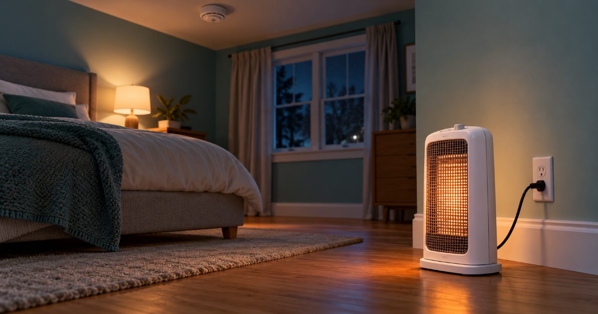 A small white space heater glowing on a wooden bedroom floor at night, plugged directly into a wall outlet, well away from the bed, with a smoke alarm on the ceiling