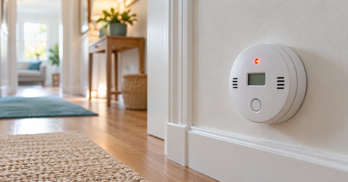 A round white carbon monoxide alarm with a small digital display mounted low on a hallway wall, its red indicator light lit