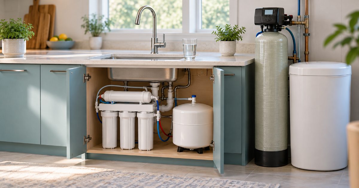 A kitchen sink with a glass of clear tap water beside an under-sink reverse osmosis unit, a water softener and a test strip on the counter