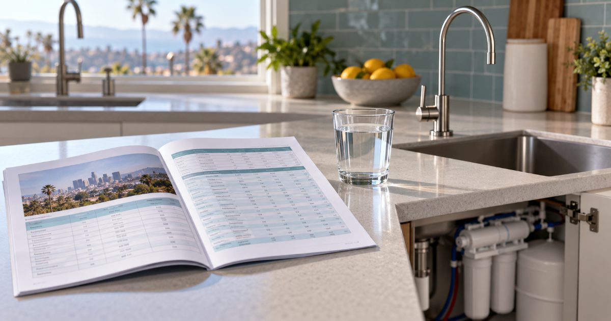 A kitchen counter in a California home with a Consumer Confidence Report open at an inorganic chemicals table, beside a glass of tap water and an under-sink reverse osmosis faucet