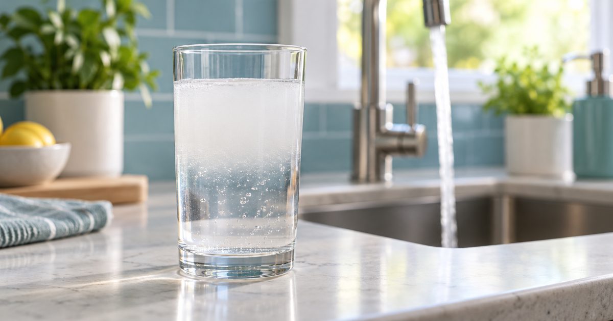 A clear glass of milky white tap water clearing from the bottom up on the counter of a bright kitchen, next to a running faucet and a second glass of clear water