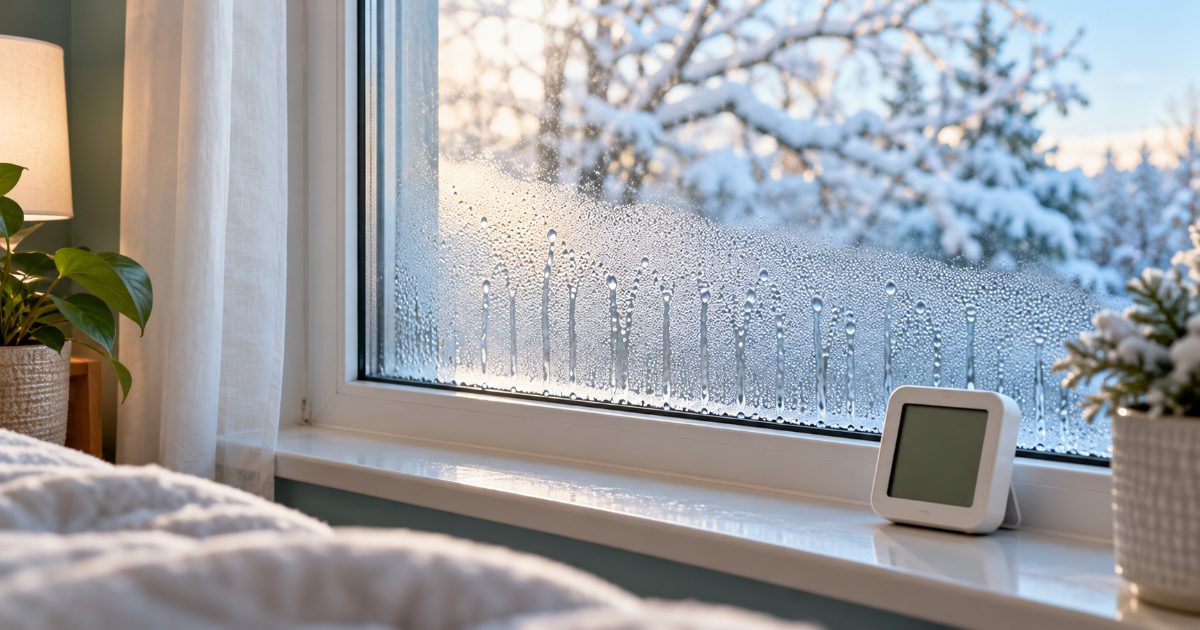 Water droplets running down the lower half of a bedroom window in winter, with a small digital hygrometer on the sill and snow-covered trees outside