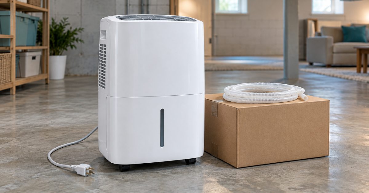 A white portable dehumidifier standing on a concrete basement floor beside a cardboard shipping box, its drain hose coiled on the lid and a three-prong plug resting on the floor