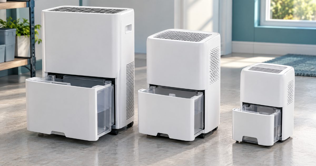Three white dehumidifiers of different sizes in a row on a grey floor, each with its water tank pulled half out to show a different tank size